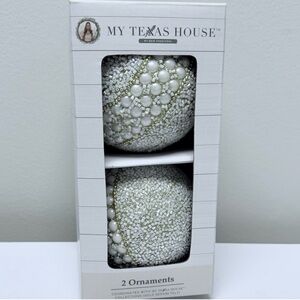 New My Texas House White Pearl and Gold Holiday Ornaments, 4", 2 Count